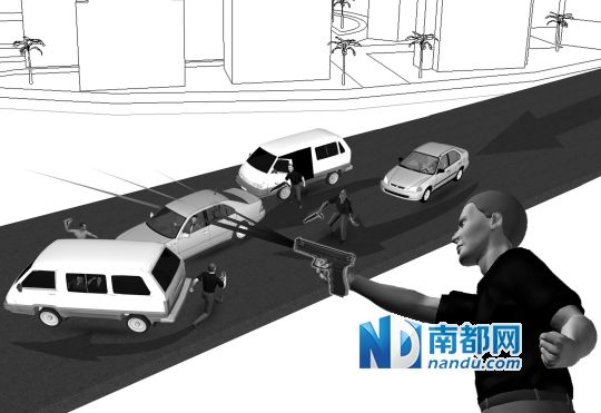 闹市驾车开枪。