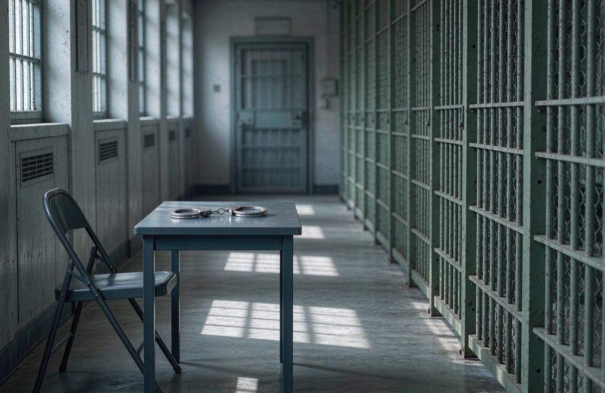 铁栅栏走廊与审讯桌